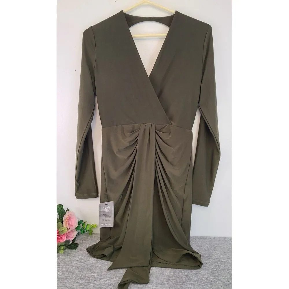 New Le Château, Olive Green Formal Dress, Long Sleeve, Open Back, Size S
